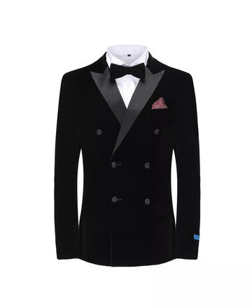 Black tuxedo jacket with bow tie and pocket square on a white background