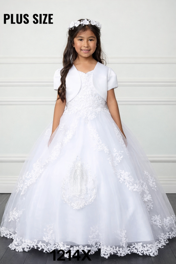 Girl Dress Style # 1214  Plus Size First Communion Dress Our Lady Of Guadalupe Double Spaghetti Strap Lace Bodice With Split Skirt