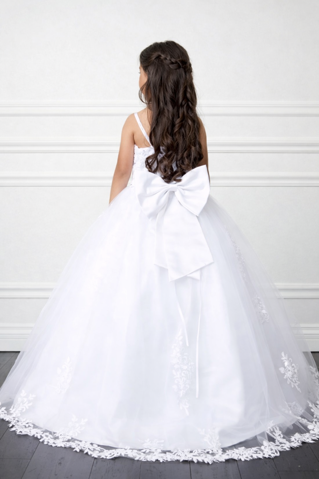 Girl Dress Style # First Communion Dress Our Lady Of Guadalupe Double Spaghetti Strap Lace Bodice With Split Skirt