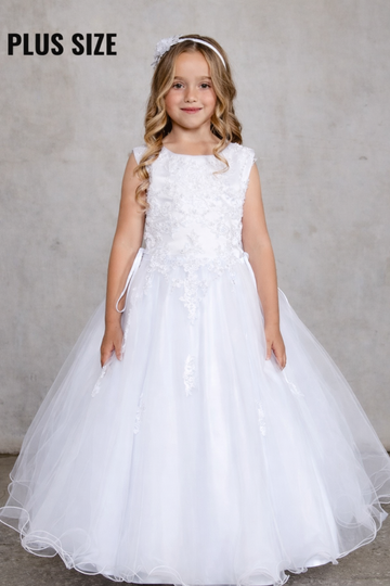 Girl Dress Style #5813 Plus Size Satin Bodice With Lace Applique First Communion Dress