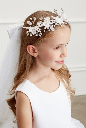White Pearl Floral Crown Headband for First Communion & Flower girl 710c