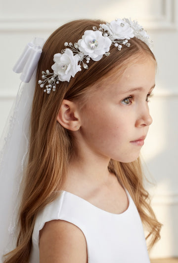 Headband style 708c Floral Halo Headband With Veil- Sparkling Whit Flower Crown For Flower Girl & Communion