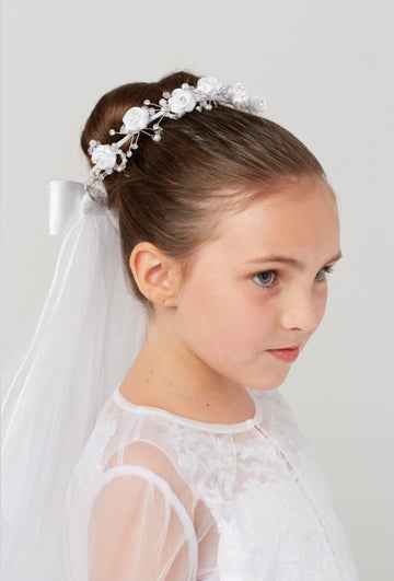 Floral Headband With Veil- White Rose & Pearl Crown For Girls & Communion