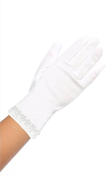 White Satin Short Gloves With White Pearl For Flower Girls & Communion