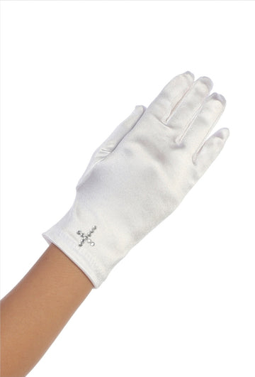 Accessory Style CRG First Communion White Satin Gloves With Rhinestone Cross