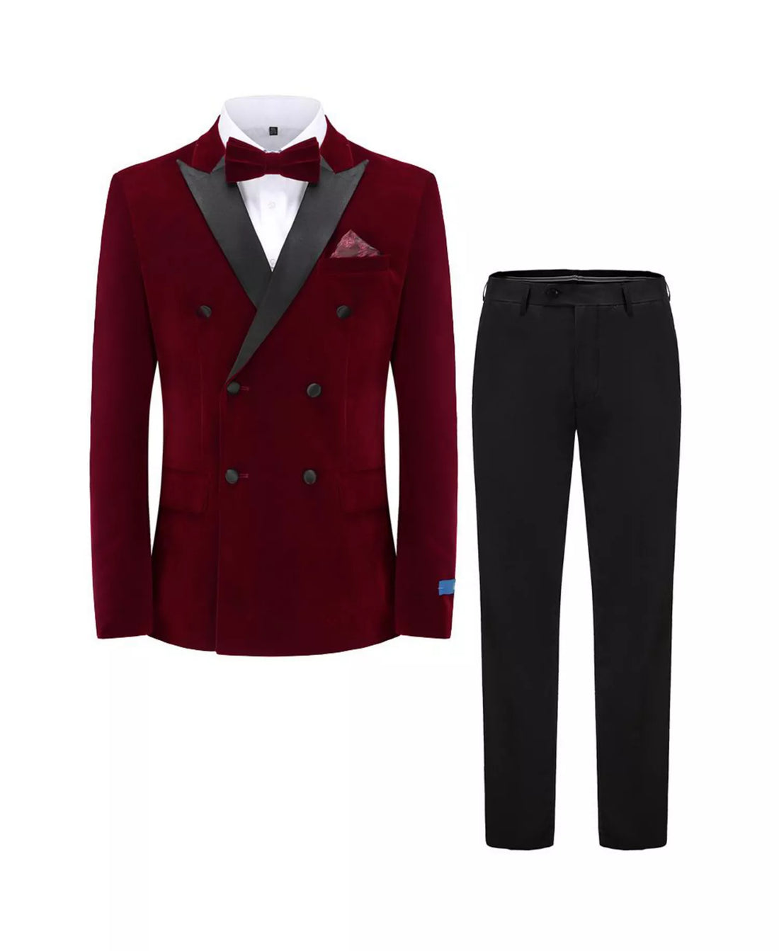 Black tuxedo jacket with bow tie and pocket square on a white background