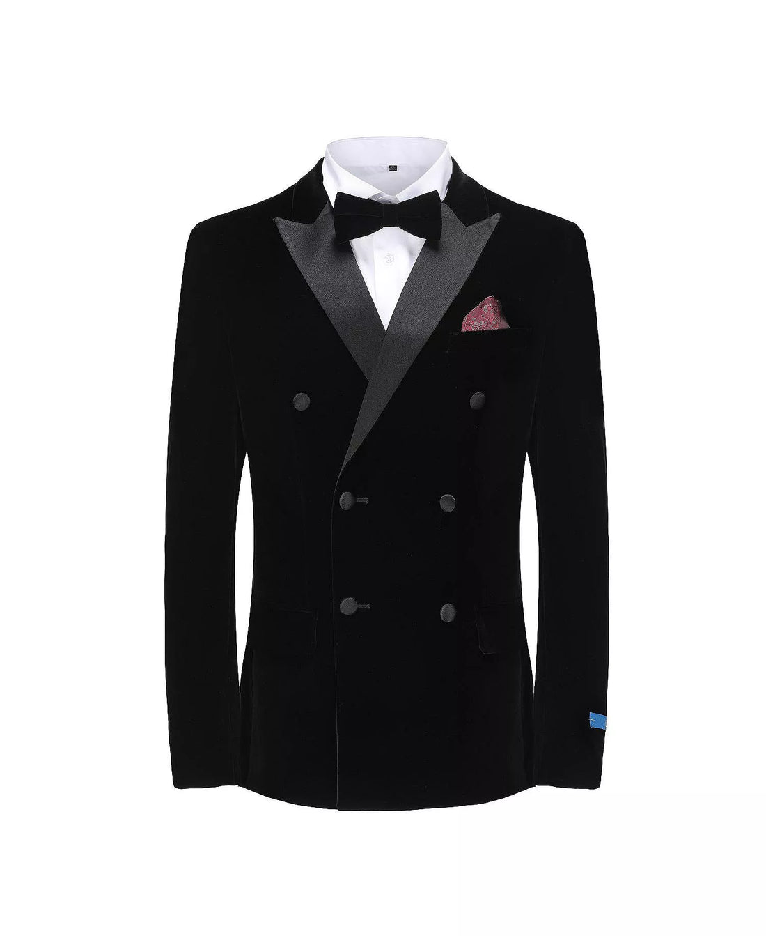 Black tuxedo jacket with bow tie and pocket square on a white background