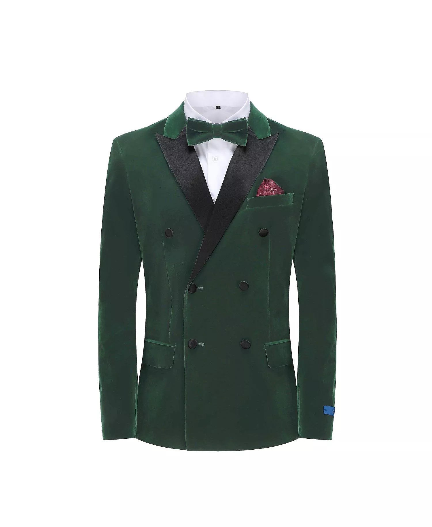 Green blazer with black lapels and white shirt on a white background