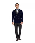 Man wearing a navy blue tuxedo with a white shirt and black bow tie on a white background