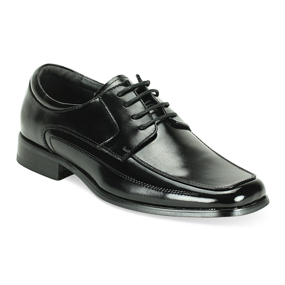 Black leather dress shoe on a white background