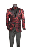 Red patterned suit jacket with black lapels on a mannequin against a white background