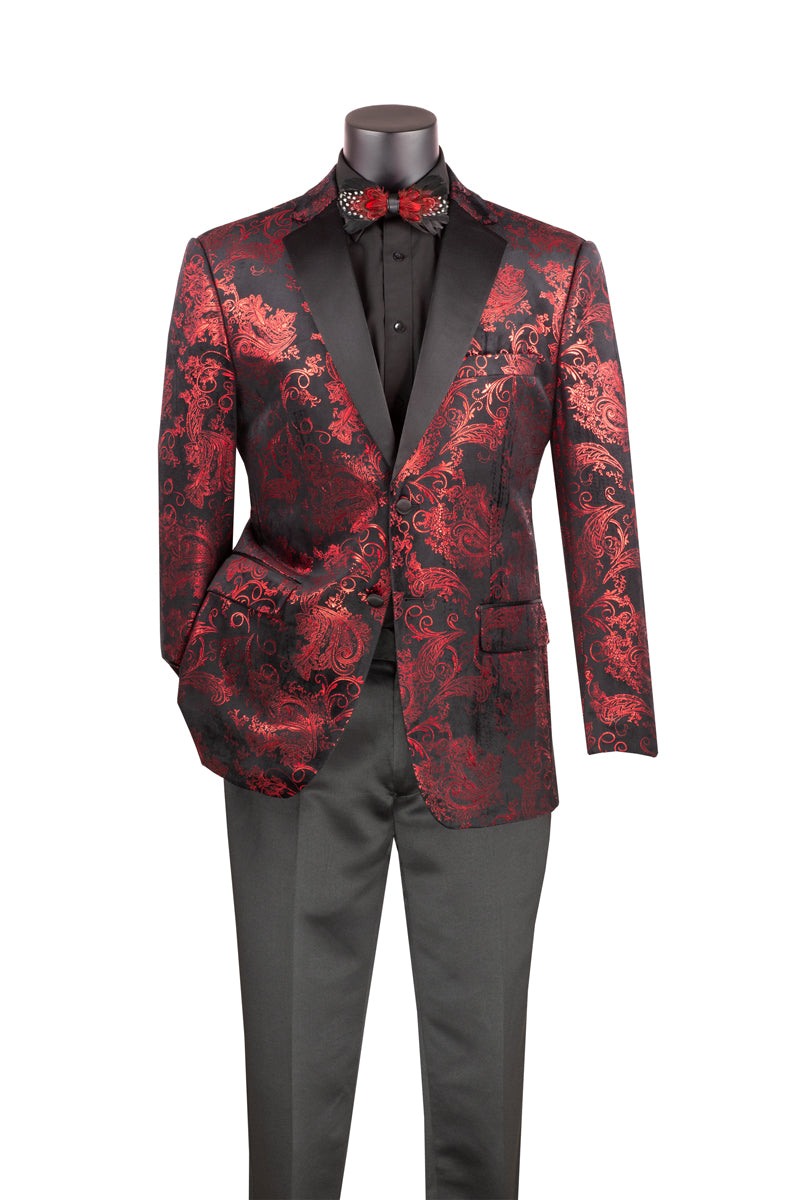 Red patterned suit jacket with black lapels on a mannequin against a white background