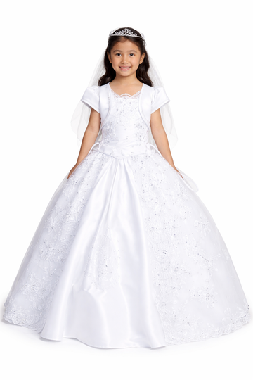 Girl Dress Style # 1210 Style Maria Embroidery First Communion Dress With Tulle Skirt Overlay