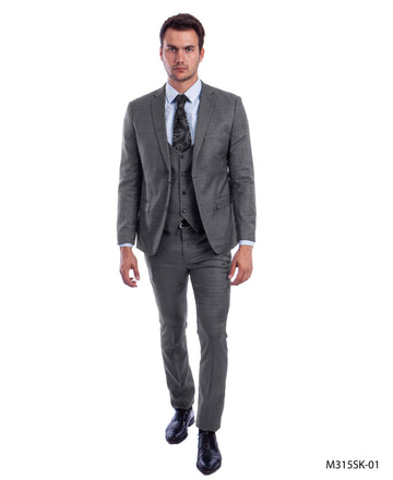 Sean Alexander Men's Grey Skinny Fit 3-Piece Plaid Suit with Double-Breasted Vest