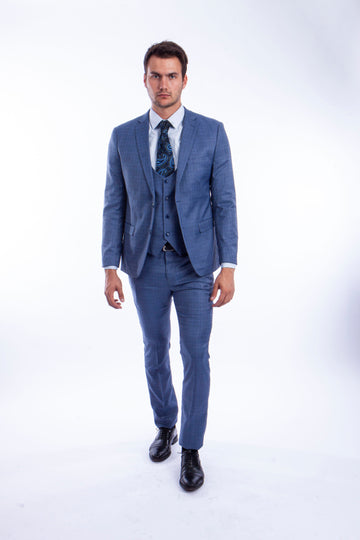 Sean Alexander Men's Medium Blue Skinny Fit 3-Piece Plaid Suit with Double-Breasted Vest