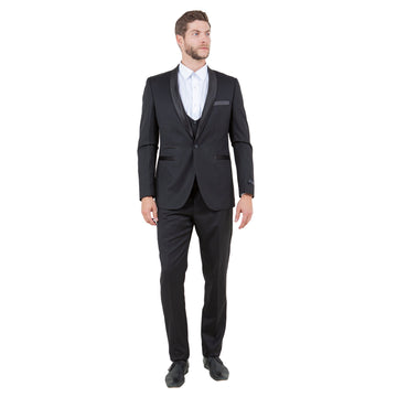 Tazzio Men's Black Hybrid Fit 3-Piece Satin Shawl Lapel Suit