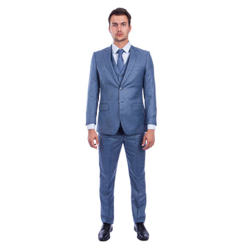 Tazzio Men's Ocean Blue Hybrid Fit 3-Piece Sharkskin Suit with Expandable Waistband