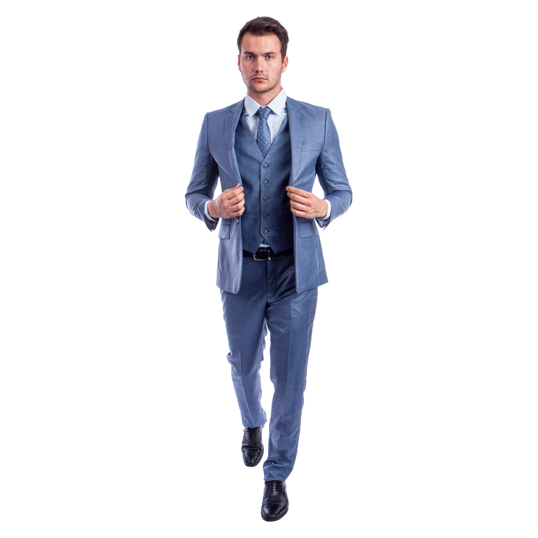 Tazzio Men's Ocean Blue Hybrid Fit 3-Piece Sharkskin Suit with Expandable Waistband