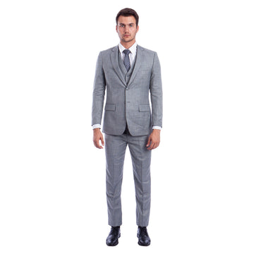 Tazzio Men's Stone Grey Hybrid Fit 3-Piece Sharkskin Suit with Expandable Waistband