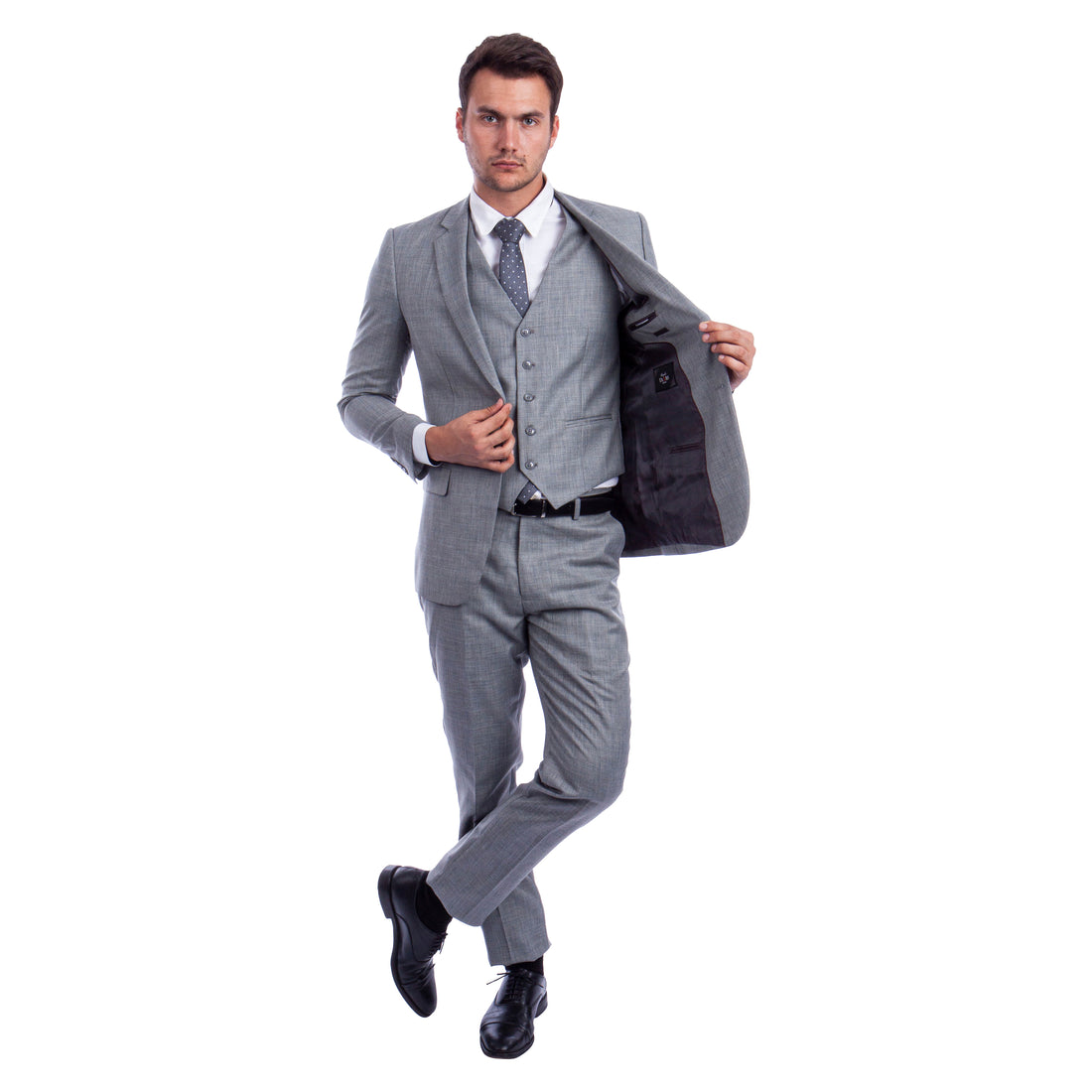 Tazzio Men's Stone Grey Hybrid Fit 3-Piece Sharkskin Suit with Expandable Waistband