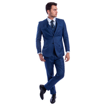 Tazzio Men's Blue Hybrid Fit 3-Piece Sharkskin Suit with Expandable Waistband