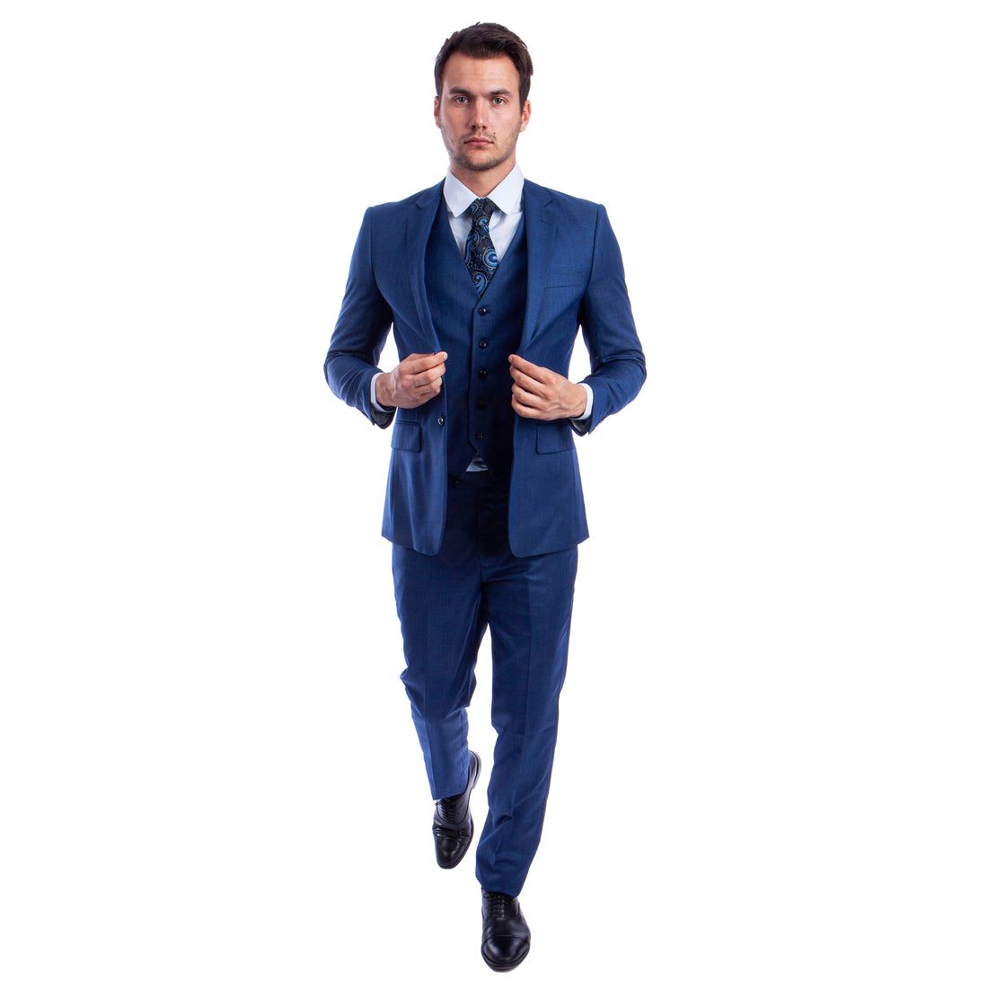 Tazzio Men's Blue Hybrid Fit 3-Piece Sharkskin Suit with Expandable Waistband