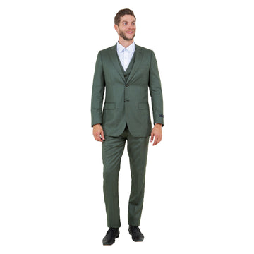 Tazzio Men's Olive Hybrid Fit 3-Piece Sharkskin Suit with Expandable Waistband