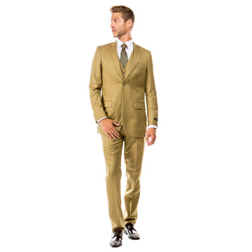 Tazzio Men's Oatmeal Hybrid Fit 3-Piece Sharkskin Suit with Expandable Waistband