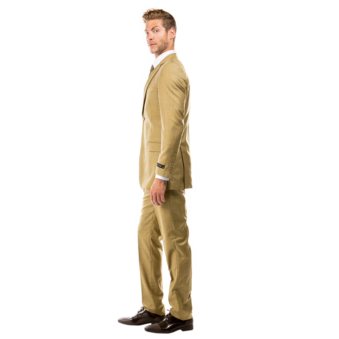 Tazzio Men's Oatmeal Hybrid Fit 3-Piece Sharkskin Suit with Expandable Waistband