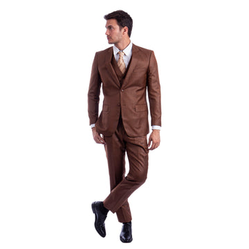 Tazzio Men's Cognac Hybrid Fit 3-Piece Sharkskin Suit with Expandable Waistband