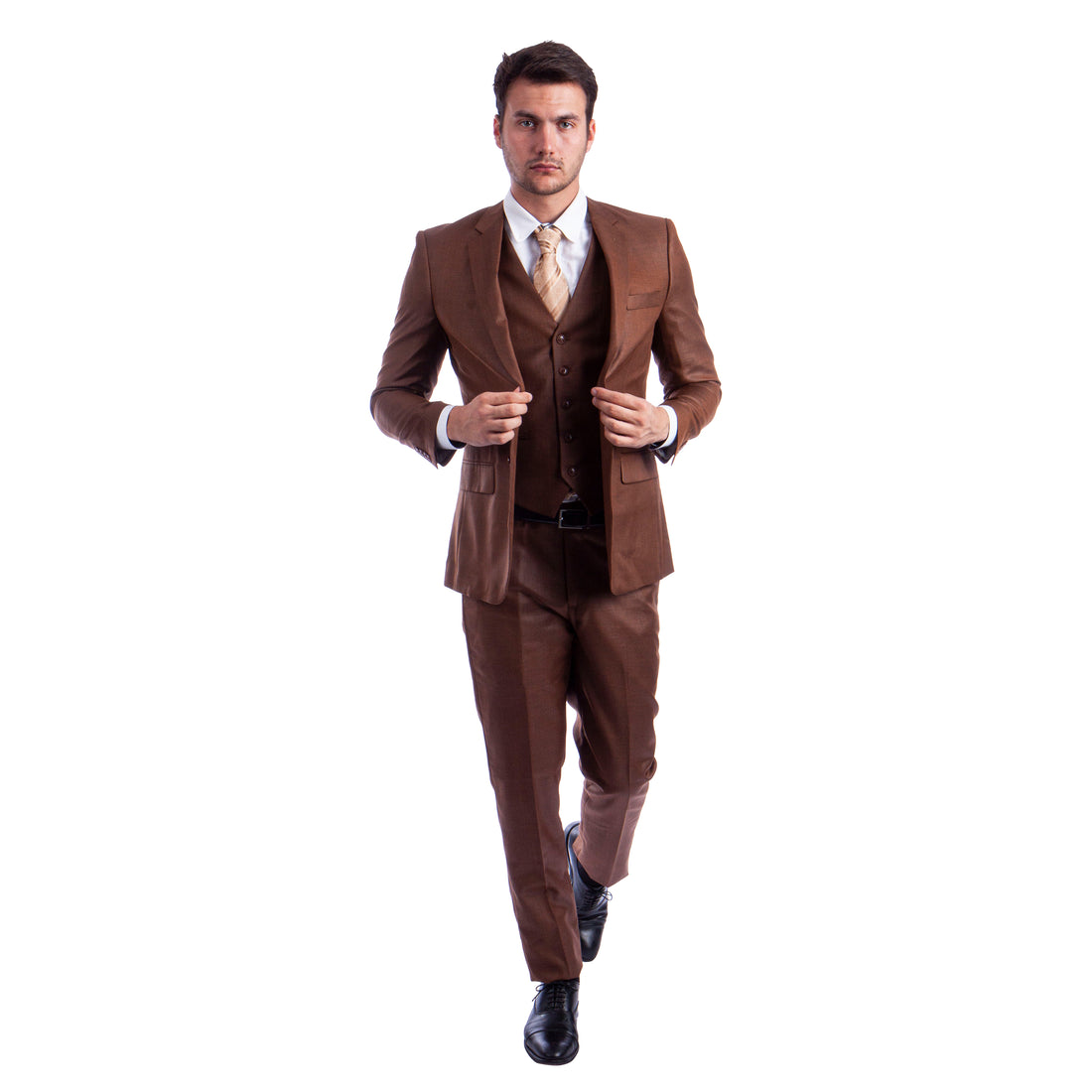 Tazzio Men's Cognac Hybrid Fit 3-Piece Sharkskin Suit with Expandable Waistband