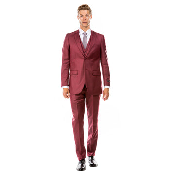 Tazzio Men's Cranberry Hybrid Fit 3-Piece Sharkskin Suit with Expandable Waistband