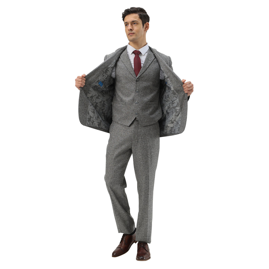 Tazzio Men's Grey Hybrid Fit 3-Piece Tweed Suit with Expandable Waistband