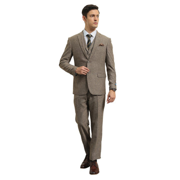 Tazzio Men's Tan Hybrid Fit 3-Piece Tweed Suit with Expandable Waistband