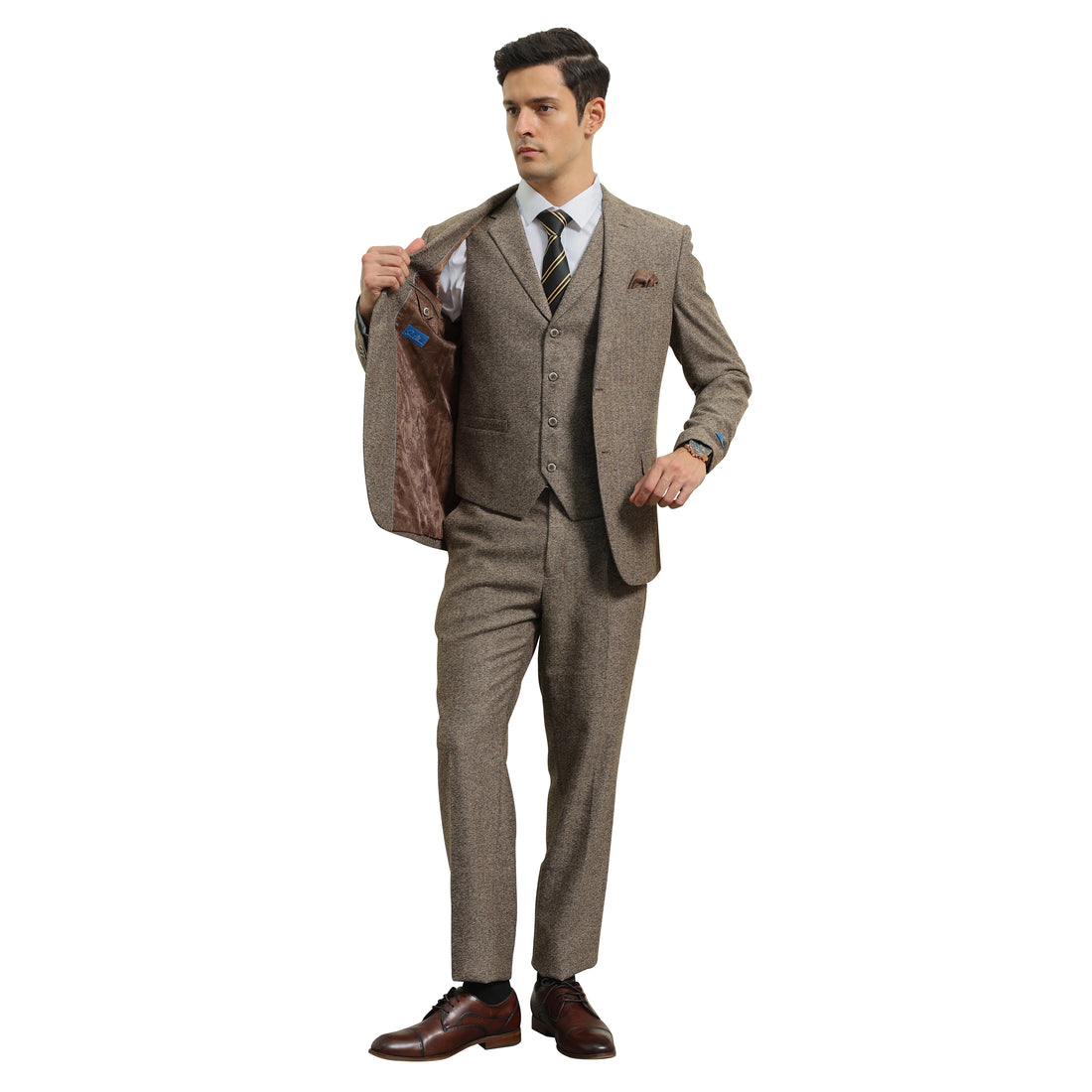 Tazzio Men's Tan Hybrid Fit 3-Piece Tweed Suit with Expandable Waistband