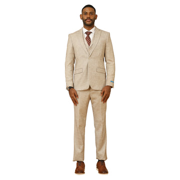 Tazzio Men's Beige Hybrid Fit 3-Piece Tweed Suit with Expandable Waistband