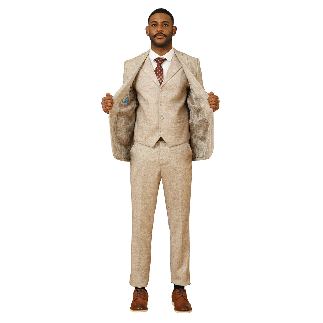 Tazzio Men's Beige Hybrid Fit 3-Piece Tweed Suit with Expandable Waistband