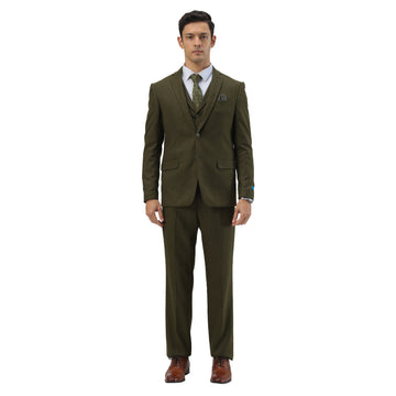 Tazzio Men's Olive Green Hybrid Fit 3-Piece Tweed Suit with Expandable Waistband