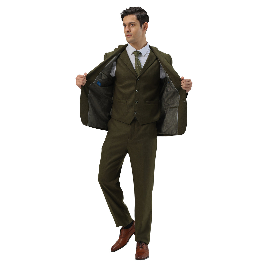 Tazzio Men's Olive Green Hybrid Fit 3-Piece Tweed Suit with Expandable Waistband