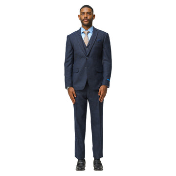 Tazzio Men's Navy Hybrid Fit 3-Piece Tweed Suit with Expandable Waistband