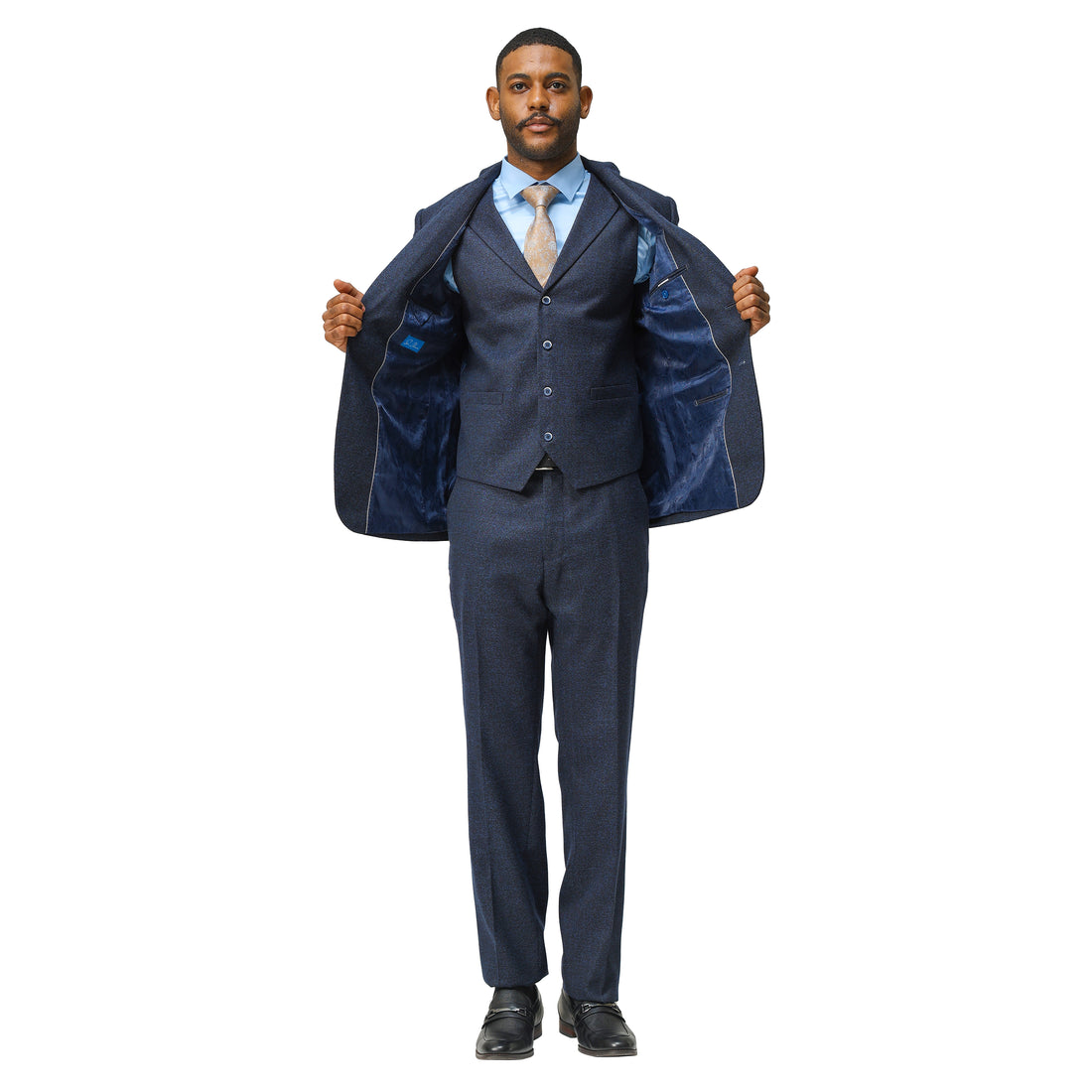 Tazzio Men's Navy Hybrid Fit 3-Piece Tweed Suit with Expandable Waistband