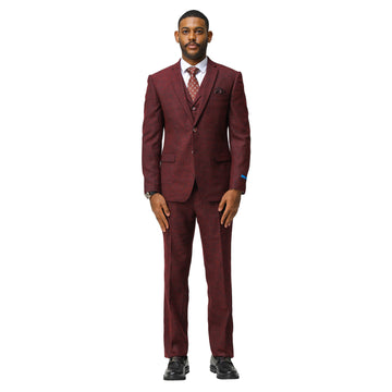 Tazzio Men's Burgundy Hybrid Fit 3-Piece Tweed Suit with Expandable Waistband