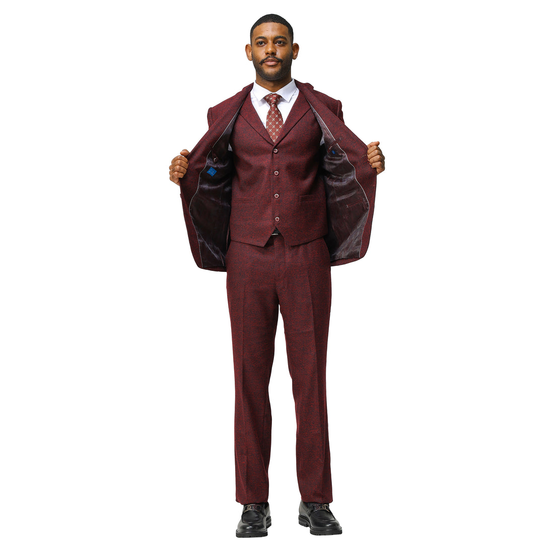 Tazzio Men's Burgundy Hybrid Fit 3-Piece Tweed Suit with Expandable Waistband