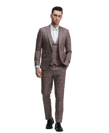 Tazzio Men's Brown Slim Fit 3-Piece Plaid Peak Lapel Suit
