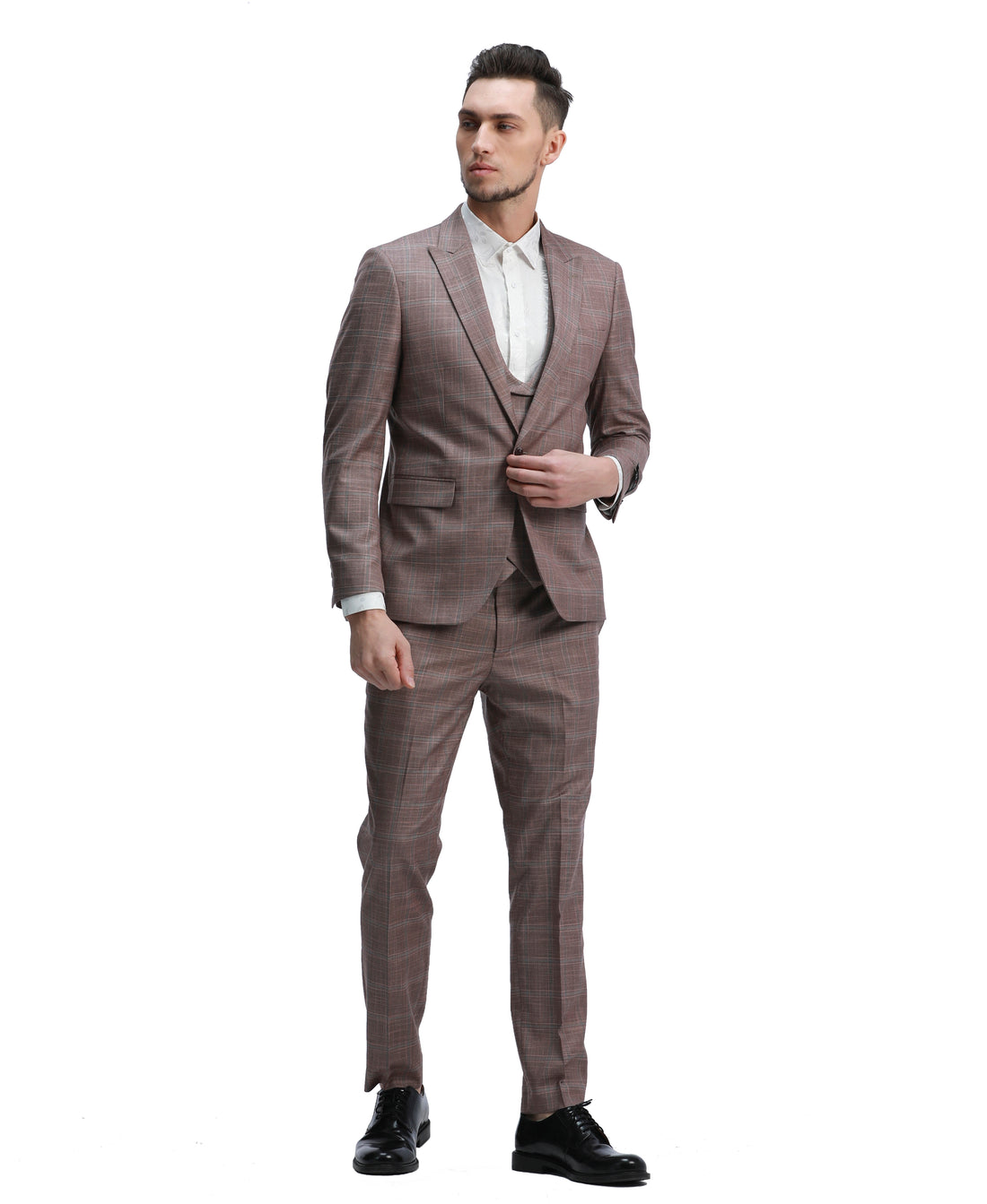 Tazzio Men's Brown Slim Fit 3-Piece Plaid Peak Lapel Suit