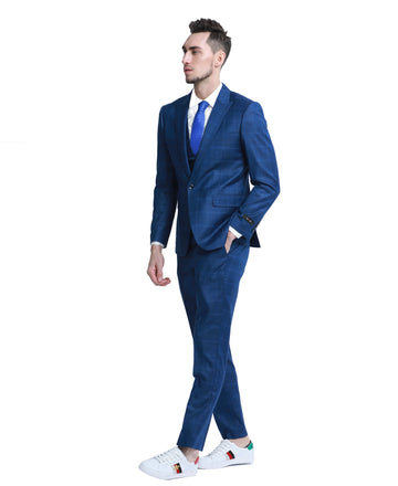 Tazzio Men's Blue Slim Fit 3-Piece Plaid Peak Lapel Suit