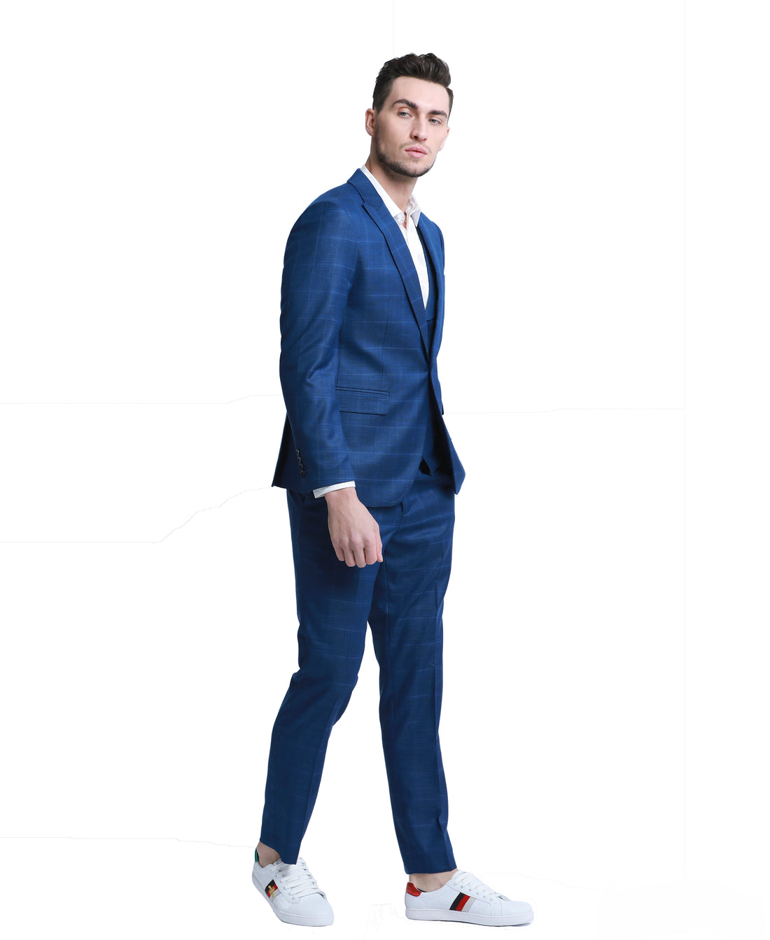 Tazzio Men's Blue Slim Fit 3-Piece Plaid Peak Lapel Suit