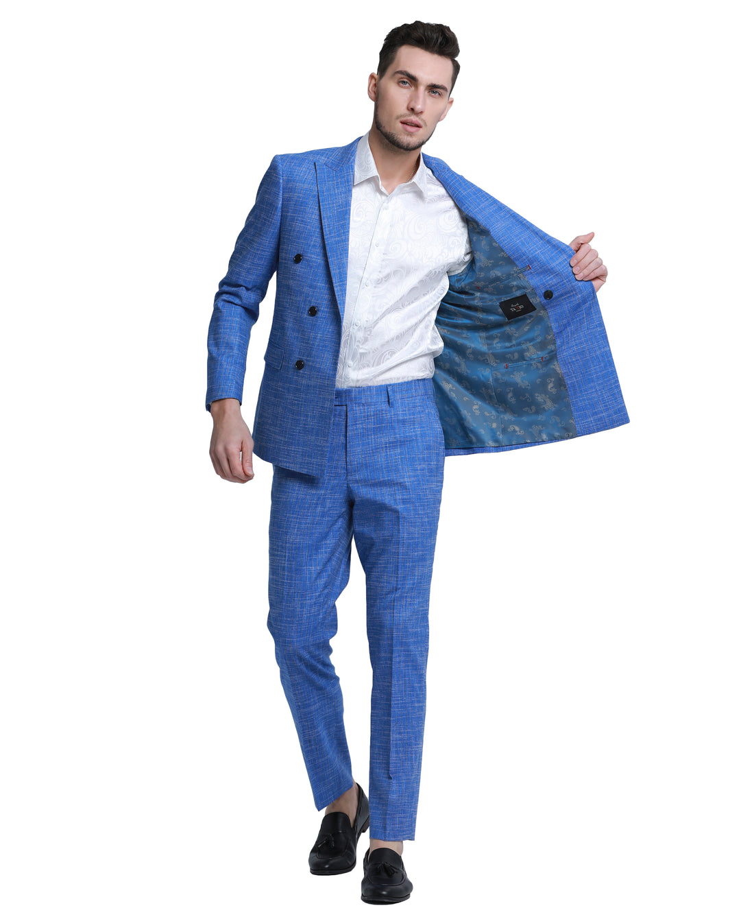 Tazzio Men's Blue 2-Piece Double-Breasted Pinstripe Peak Lapel Suit