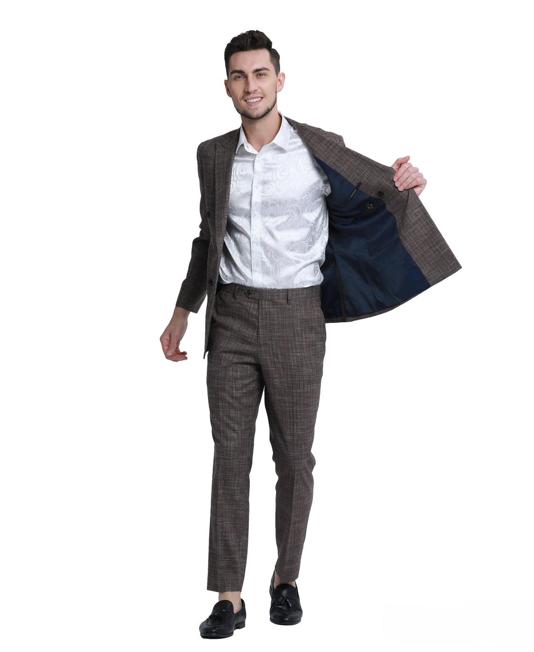Tazzio Men's Brown 2-Piece Double-Breasted Pinstripe Peak Lapel Suit
