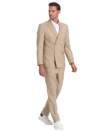 Tazzio Men's Khaki 2-Piece Double-Breasted Pinstripe Peak Lapel Suit